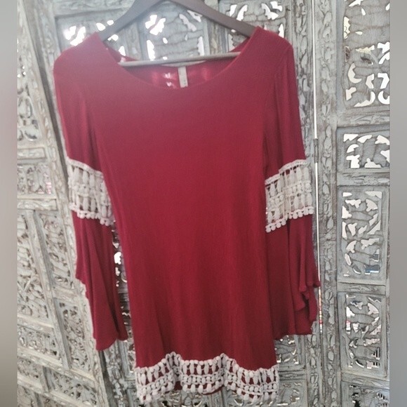 Entro Womens Burgundy Bohemian Long Bell Sleeve Dress with Crochet Accent Detail - Picture 5 of 16